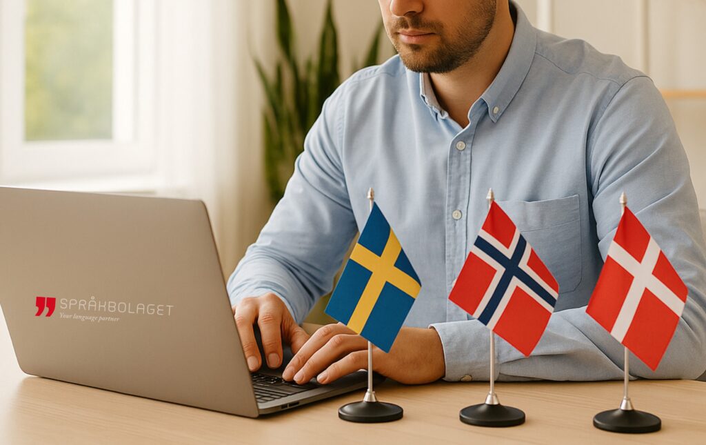 Man sitter framför dator. På datorn finns Språkbolagets logga. På skrivbordet står en liten flagga från Sverige, Norge och Danmark.