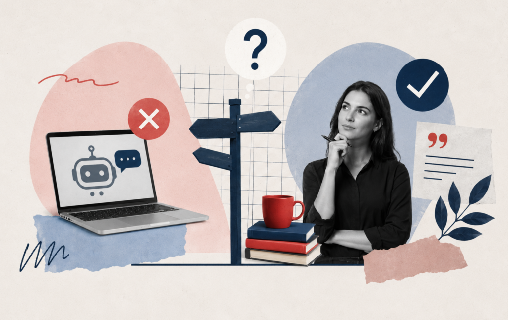 Illustration på en mänsklig översättning vs. ai. Vilken väg ska man gå?