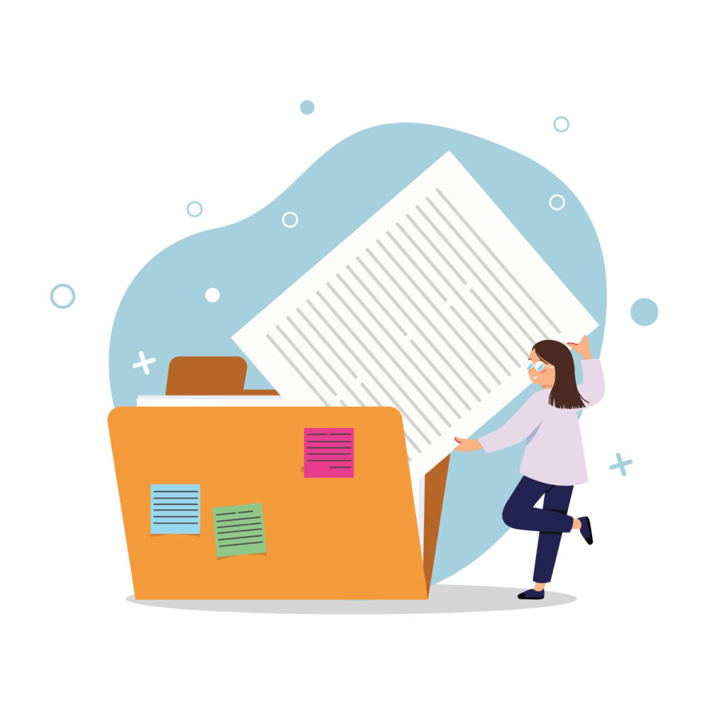 Illustration av en kvinna som organiserar ett stort dokument i en mapp, symboliserande administration och hantering av hållbarhetsrapporter.