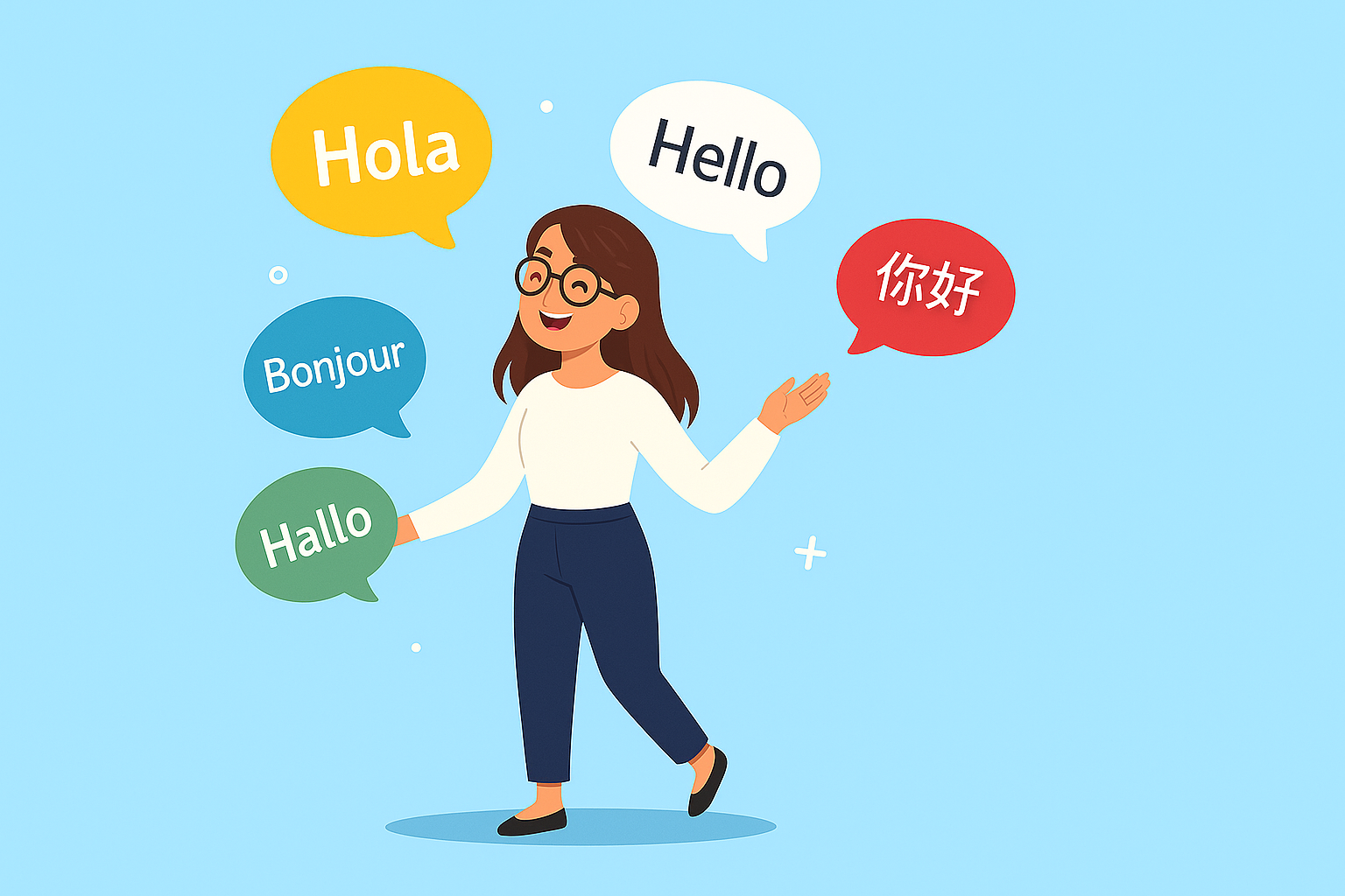 Ai-genererad bild med en ung kvinna och pratbubblor som säger hej på olika språk. 