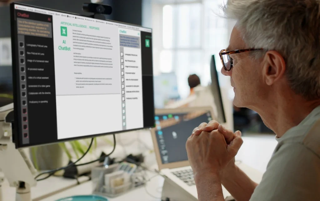 Språkbolaget tipsar om teknik och ai. Man som tittar på en datorskärm.